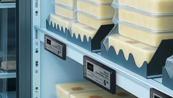 Etiquetas electrónicas de tamaño medio en un lineal de quesos