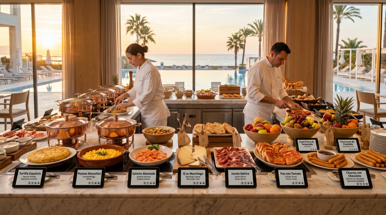 Buffet de hotel con etiquetas electrónicas e-ink en las bandejas